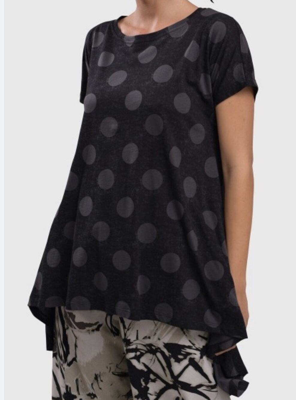 Alembika Urban Circles Top Black Grey T Shirt Hi Low Size 0 US 4 Oversized